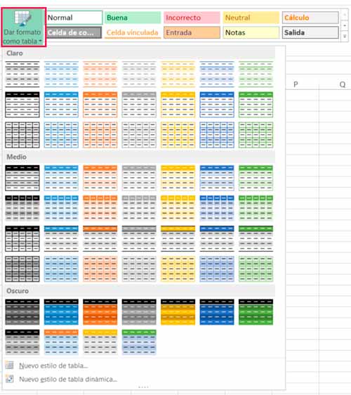 Aplicar estilo de tabla en Excel
