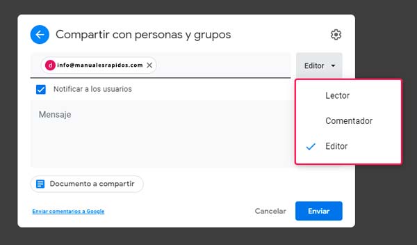 Compartir archivos con usuarios en Google Drive