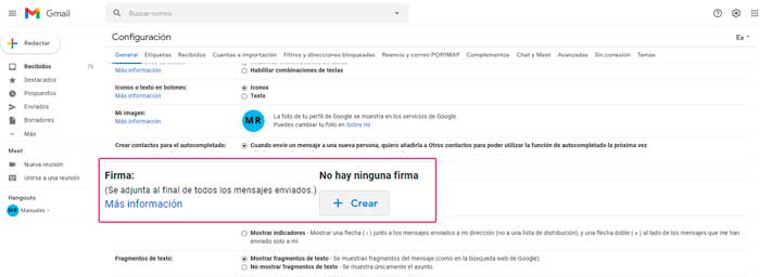 Configurar firma de correo en Gmail
