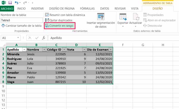 Convertir tabla existente en rango de datos en Excel