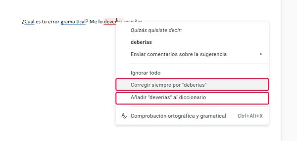 Corregir ortografía y gramática en Google Docs