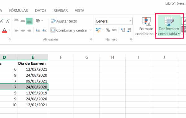Crear tabla desde pestaña inicio en Excel