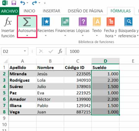 Realizar función suma en Excel