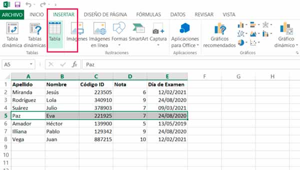 Seleccionar estilo de tabla en Excel